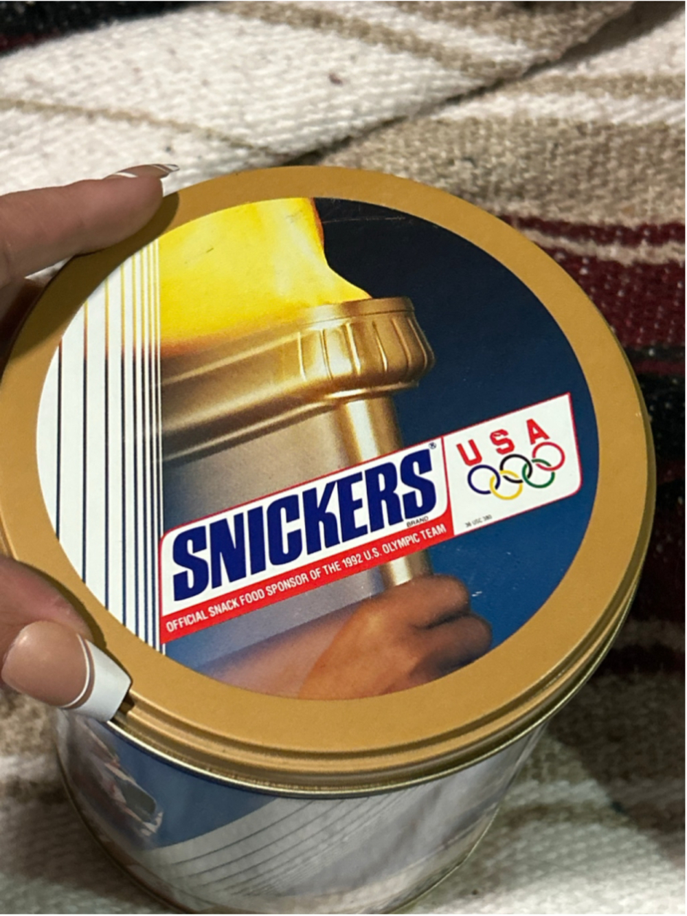 Vintage Snickers 1992 Olympic Games Collectible Tin Canister Blue Gold